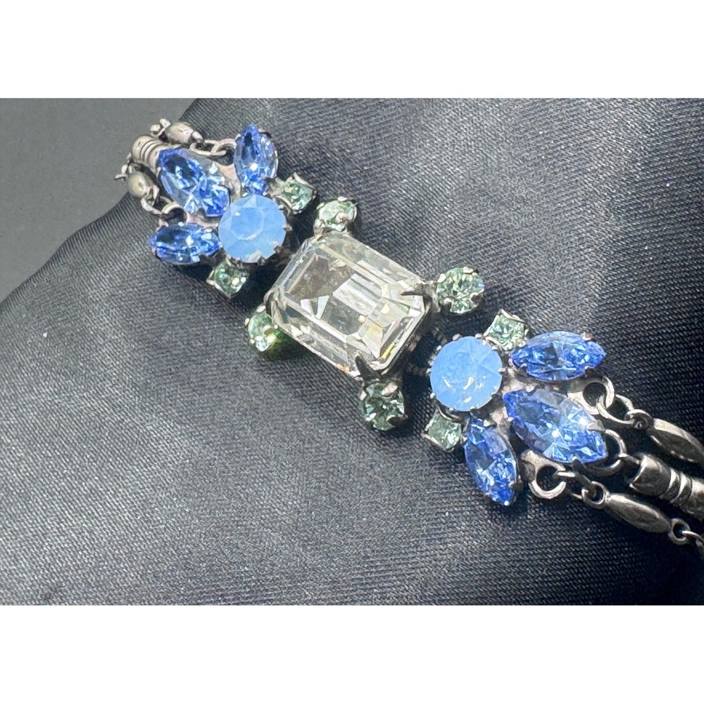 Sorrelli Blue Crystal Floral Statement Bracelet Antiqued Silver Tone Adjustable - Picture 2 of 9